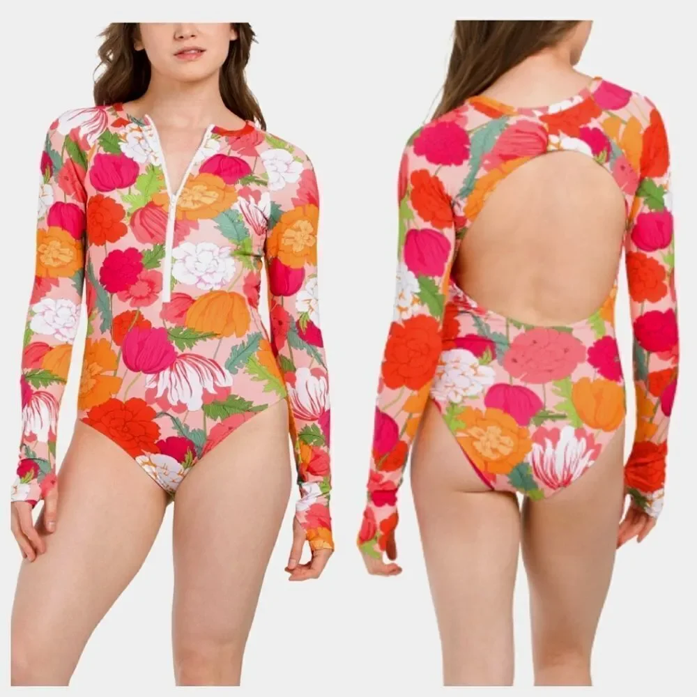 Trina Turk Women's Floral Print Long Sleeves Paddle Suit Swimsuit Size large